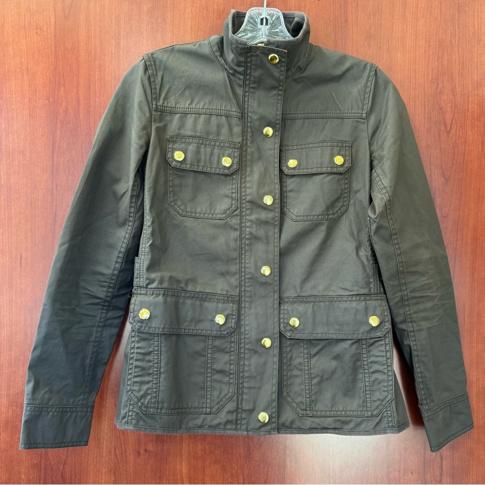 J. Crew Utility Jacket Green Size XXS Brass Hardware Pockets Wax Cotton 100%